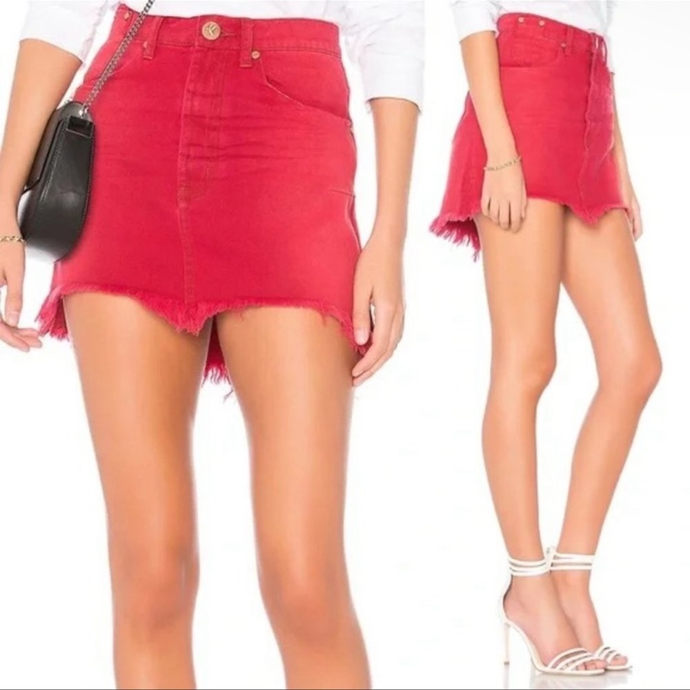 ONE TEASPOON Red Distressed Denim Mini Skirt SZ 27 Frayed Festival High Waist
